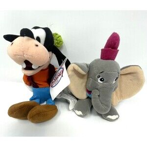 Disney Store Plush Lot Goofy with Tags & Dumbo 6-10" Bean Bag Stuffed Toy Set